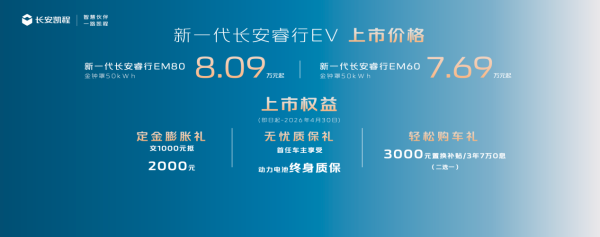 动力电池终身质保，7.69万起入手，长安睿行EV新款上市